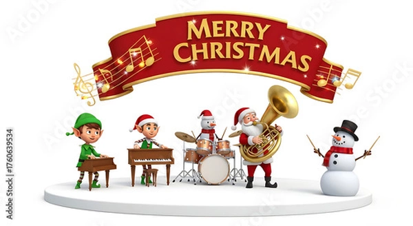 Fototapeta A festive 3D rendered Christmas band featuring Santa, elves, and a snowman performing under a 'Merry Christmas' banner with musical notes.
