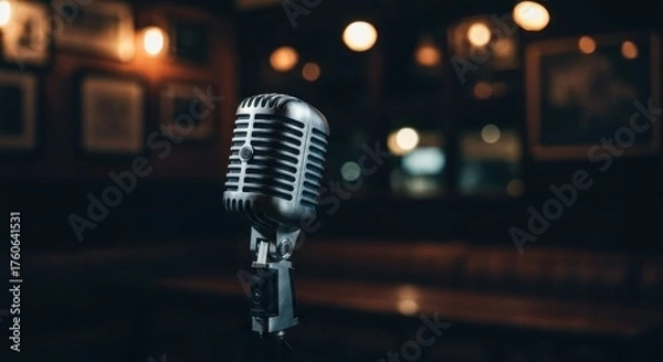 Fototapeta Retro silver microphone center-frame in a warm, dimly lit bar interior