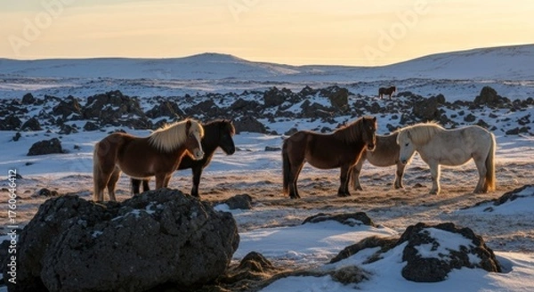 Fototapeta Sturdy horses gather on snowy, rocky ground, bathed in warm golden light from the sky