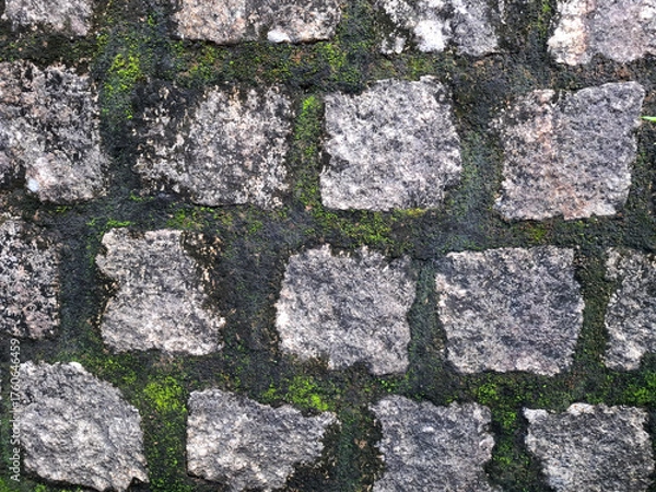 Fototapeta Close-up of an old stone wall with rough surface and green moss growing between the stones. Natural aged texture with earthy tones and organic pattern, perfect as a background or texture reference.