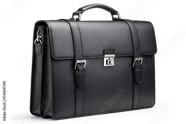 Obraz Black Leather Briefcase with Buckle Straps and Metal Clasp for Professional Use
