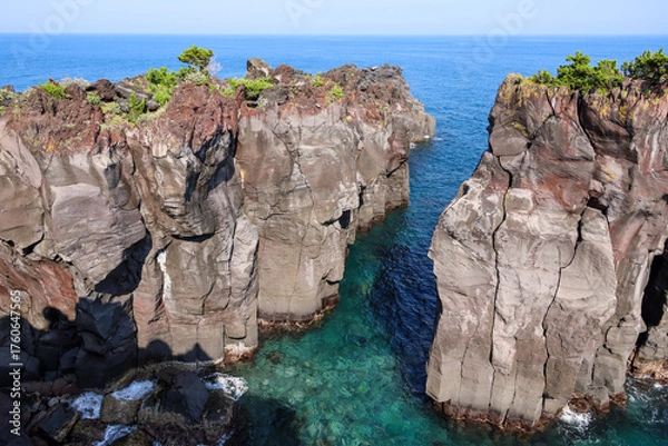 Obraz 青い空と太平洋の海原の中にそそり立つ伊豆の城ヶ崎海岸の崖