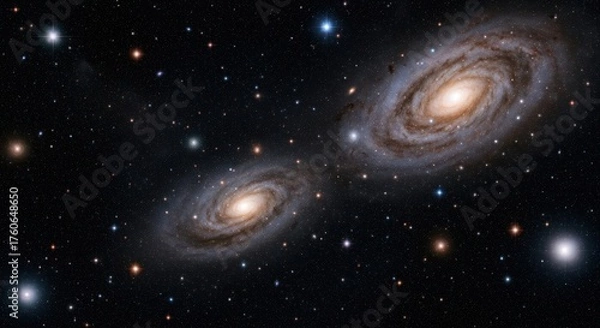 Fototapeta Two grand spiral galaxies with bright centers, stars, and dark dust lanes in deep space
