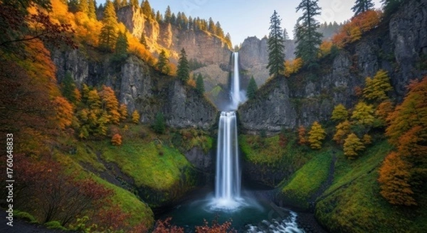Obraz Two-tiered waterfall plunges amidst vibrant autumn forest, sunlit cliffs, and green pool