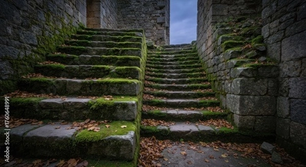 Fototapeta Two mossy stone staircases ascend a weathered, ancient ruin under a dark sky