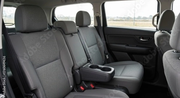 Fototapeta View of a modern car's grey fabric rear passenger seats with a central armrest and cup holders