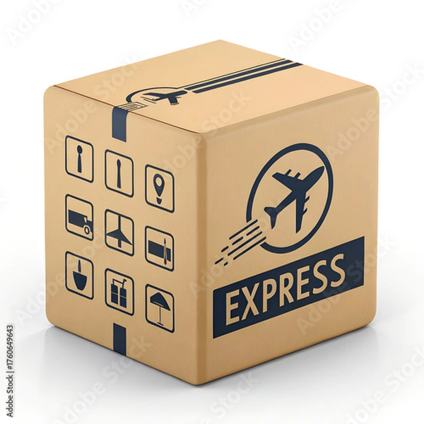Obraz Express Shipping Box with Airplane Icon and Handling Labels for Fast Delivery

