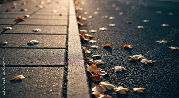 Fototapeta Warm sun illuminates autumn leaves scattered on sidewalk and asphalt next to curb