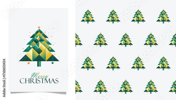 Obraz Modern Merry Christmas Greeting Card and Seamless Pattern with Geometric Christmas Tree Design in Green and Gold Colors, Elegant Holiday Illustration for Winter, Festive Decor, and Seasonal background