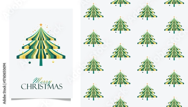 Obraz Modern Merry Christmas Greeting Card and Seamless Pattern with Striped Green and Gold Christmas Tree Design, Elegant Holiday Vector Illustration for Festive Winter Decor, and Seasonal Print Template.