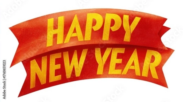 Fototapeta Red ribbon with the words "happy new year" written in yellow capital letters. the ribbon is curved and appears to be made of a shiny material.