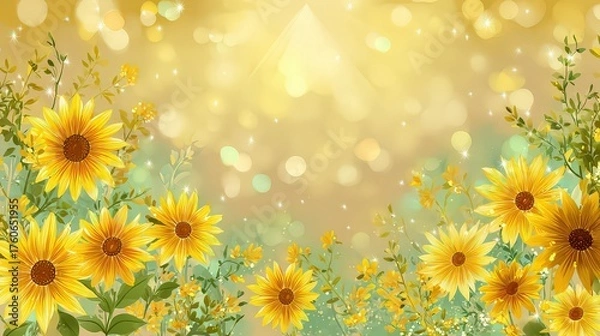 Obraz Golden Sunflower Field Under Bright Sunlight and Bokeh Effect on Greenery Background