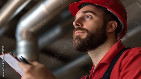 Fototapeta Focused worker with a red hardhat and clipboard inspecting overhead pipes. He embodies diligence in industrial maintenance, ensuring quality work, and promoting safety.