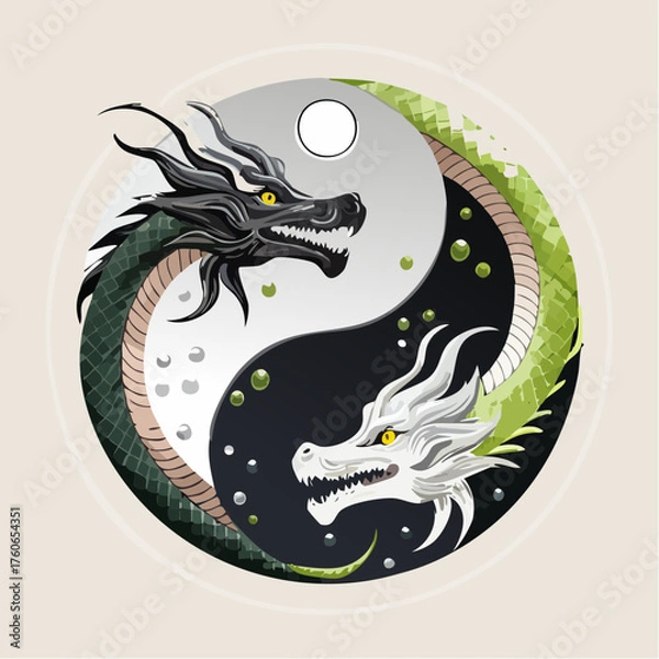 Fototapeta Eternal Balance of the Twin Dragons: The Yin and Yang Harmony of Light and Shadow in Cosmic Energy Flow
