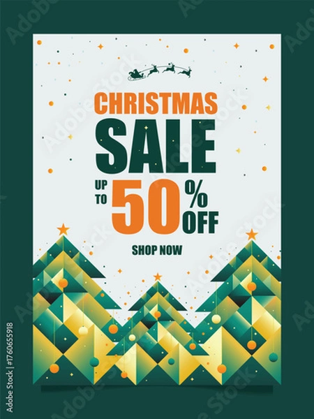 Obraz Modern Christmas Sale Poster Design with Green and Orange Color Theme Featuring Abstract Geometric Christmas Trees