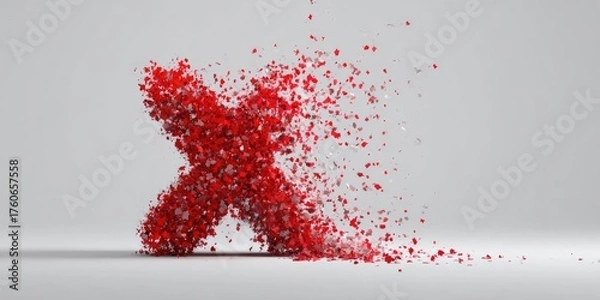 Fototapeta Red X exploding into tiny fragments on a light gray background