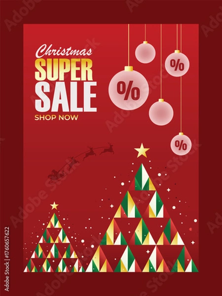 Obraz Christmas Super Sale Poster Design with Red Background, Decorative Christmas Trees, and Hanging Discount Ornaments.