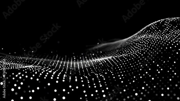 Fototapeta Dynamic wave of luminous white dots flows across a deep black void, creating a mesmerizing, abstract digital art piece perfect for modern tech and science themes.