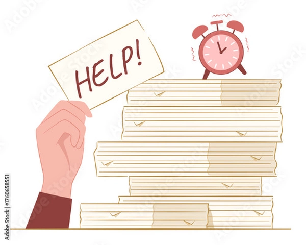 Obraz Businessman Hand Holding Up a Piece of Paper Asking for Help and Stack of Lot of Document Files for Overload Working and Overburdened Concept Illustration Clip Art