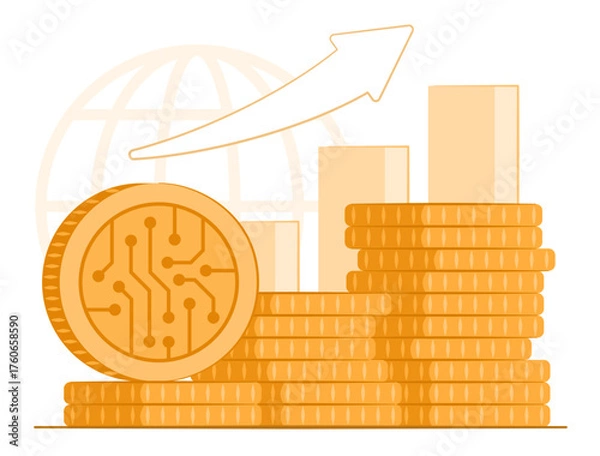 Fototapeta Stack of Digital Coin Asset with Rising Growth Financial Bar Chart for Online Investment in Cryptocurrency and Block Chain Industry Concept Illustration Clip Art