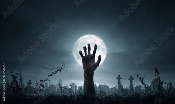 Fototapeta Terrifying zombie hand erupts from dark earth, a chilling symbol of horror and the undead rising for Halloween or apocalyptic themes, creating intense fear and suspense.