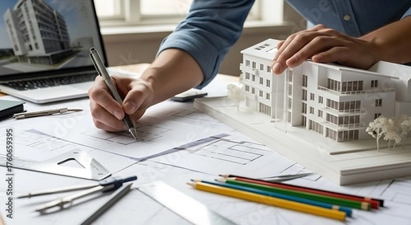 Obraz Architectural design and planning process with building model and blueprints