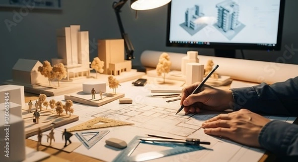 Obraz Architectural design studio with building models blueprints and hand drawing