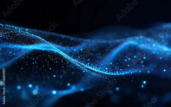 Obraz Dynamic blue glowing wavy particles and dots swirl in abstract cosmic motion, creating a stunning, futuristic digital background for modern design and technology themes