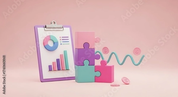 Obraz Business Strategy Data Analysis with Puzzle and Graph on Pink Background