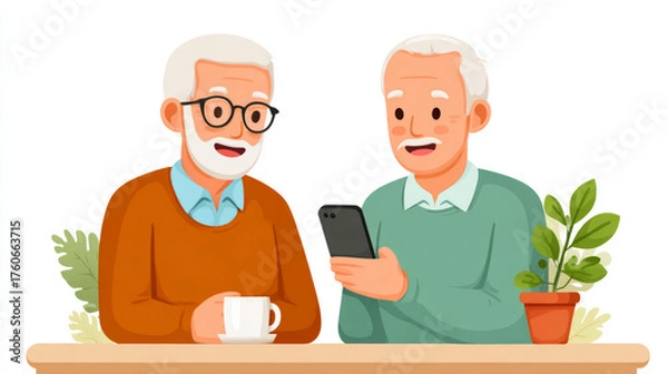 Obraz Older man teaching smartphone settings to friend in cozy indoors scene