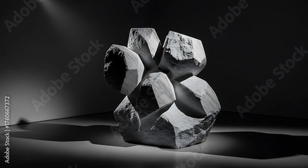 Fototapeta Abstract geometric sculpture with sharp edges in dramatic studio lighting