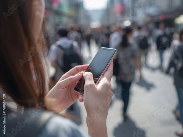 Obraz 人が多い街中でスマートフォンを眺める若い女性の手元（右向き）