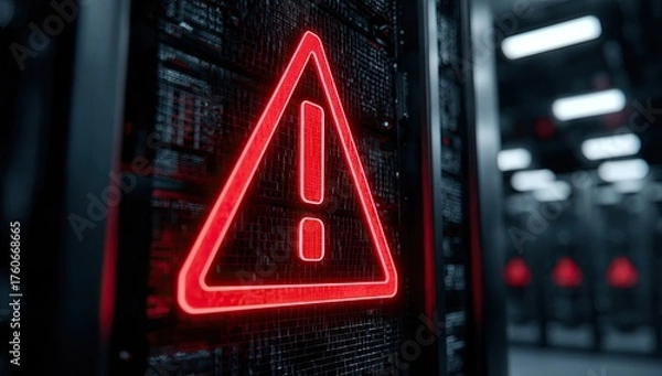 Fototapeta Red warning triangle with exclamation mark on server rack