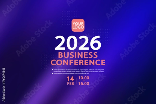 Fototapeta Futuristic vector background for a 2026 corporate conference. The elegant design with a deep purple gradient and glowing dot pattern is ideal for a tech event website or professional presentation.