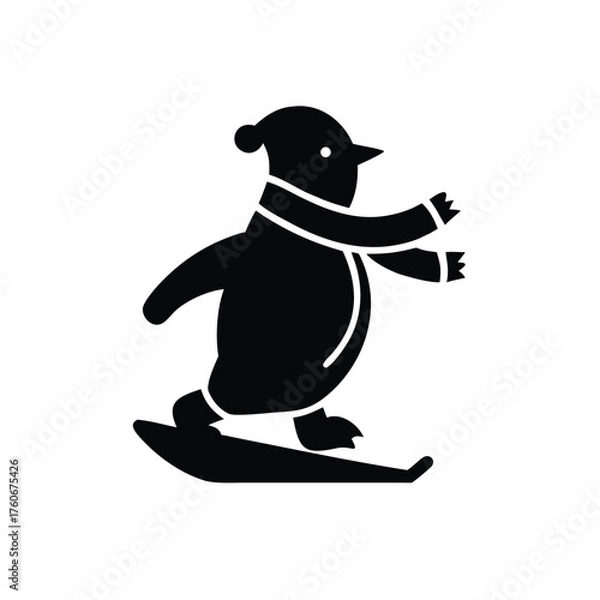 Fototapeta Penguin sliding playfully on ice wearing scarf in winter fun Vector illustration