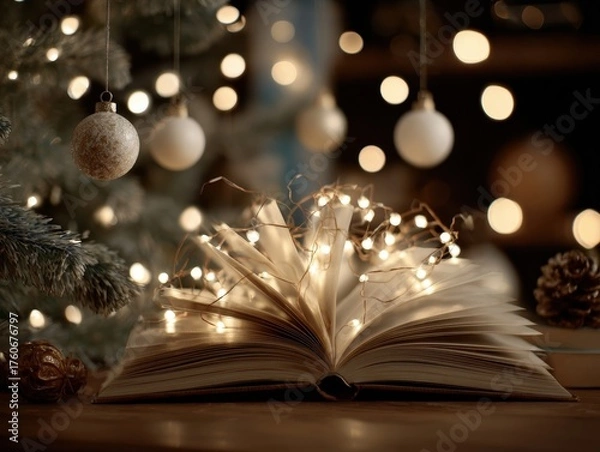Fototapeta Open Book Adorned with Warm String Lights Surrounded by Delicate Ornaments and Pine Cones Against a Softly Blurred Dark Background Festive Illumination