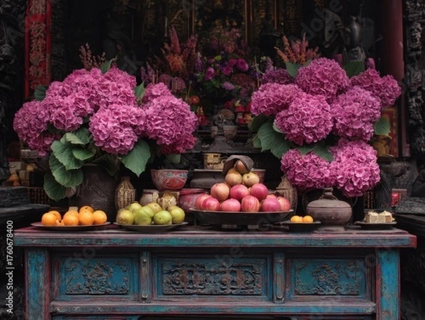 Fototapeta Striking Pink Hydrangeas and Diverse Fruit Arrangements on an Elaborately Carved Blue Altar, Showcasing Artistic Offerings in a Temple Setting