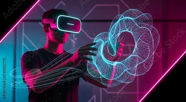 Fototapeta Man wearing VR headset interacting with glowing digital projection in futuristic neon environment