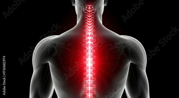 Obraz Human Spine Pain Illustration: Red Glow Indicating Back Ache or Injury in Medical 3D Render