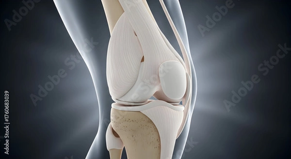 Obraz Human Knee Joint Anatomy: Detailed 3D Render of Bones, Ligaments, and Patella on Dark Background