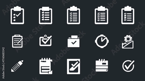 Fototapeta Collection of white vector icons representing various aspects of task management and organization.