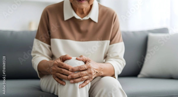 Obraz Elderly Woman Suffering from Knee Pain While Sitting on Sofa, Highlighting Joint Discomfort and Senior Health Issues