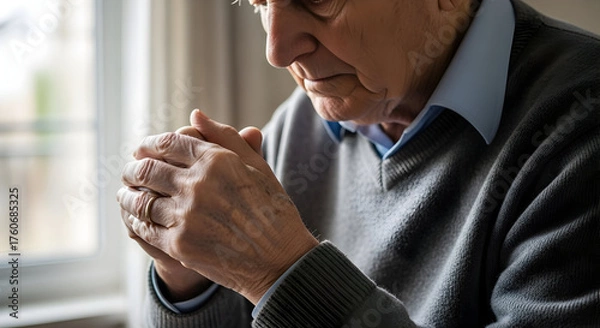 Obraz Pensive Senior Man with Clasped Hands in Quiet Contemplation