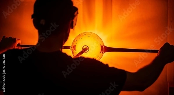 Fototapeta Artisan skillfully shapes molten glass with glowing heat and intense focus.