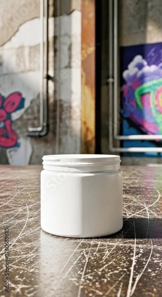 Obraz Blank cosmetic jar mockup for body butter on a gritty, scratched metal background with an urban, industrial feel
