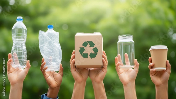Fototapeta Hands holding recyclable items against green background