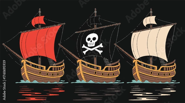 Fototapeta A digital illustration of three stylized pirate ships arranged horizontally against a black background.  
