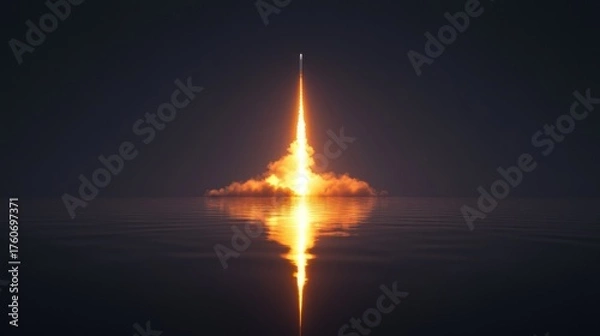 Fototapeta Rocket launching over the ocean at night, creating flames and smoke