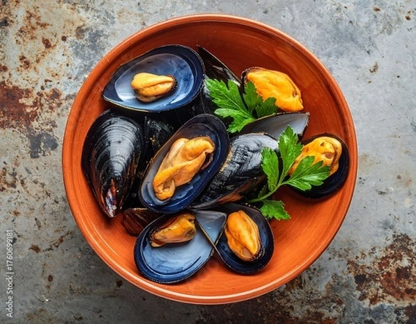 Obraz Cooked mussels in a rustic bowl