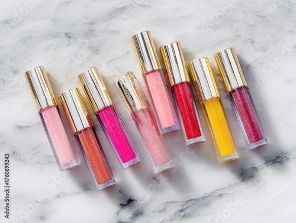 Obraz Luxurious Lip Gloss Product Display: Assorted Colors with Golden Caps on Elegant Marble Surface for a Stunning Beauty Presentation
